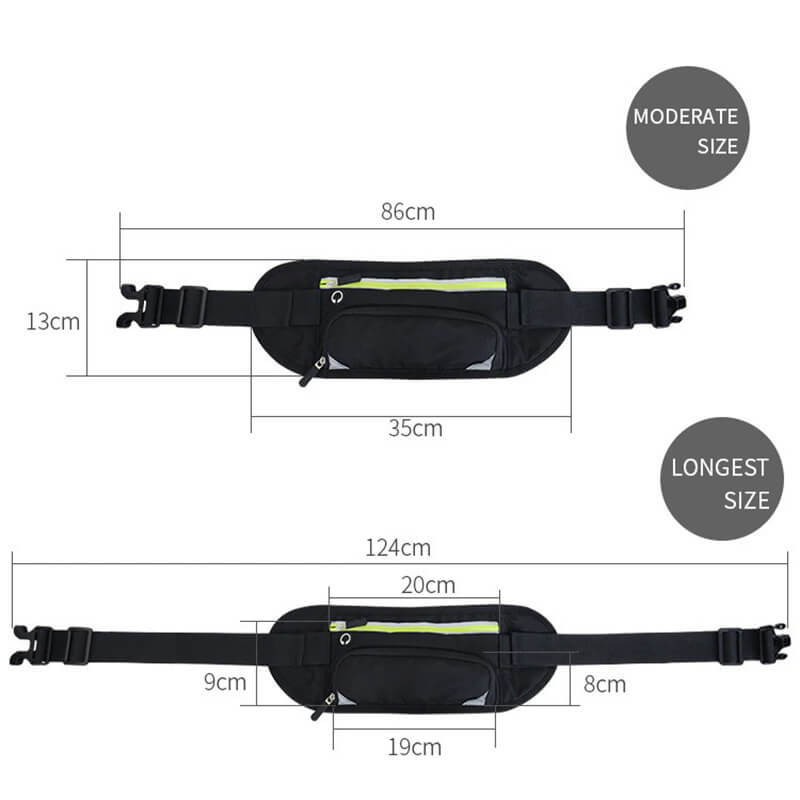 Running belt bag with adjustable size and water bottle holder, shown in both moderate and longest settings, perfect for workouts.